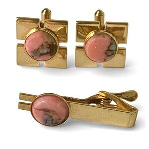 Vintage Cufflinks Retro Cuff Links & Tie Clip Set Pink Grey Stone Gold Tone